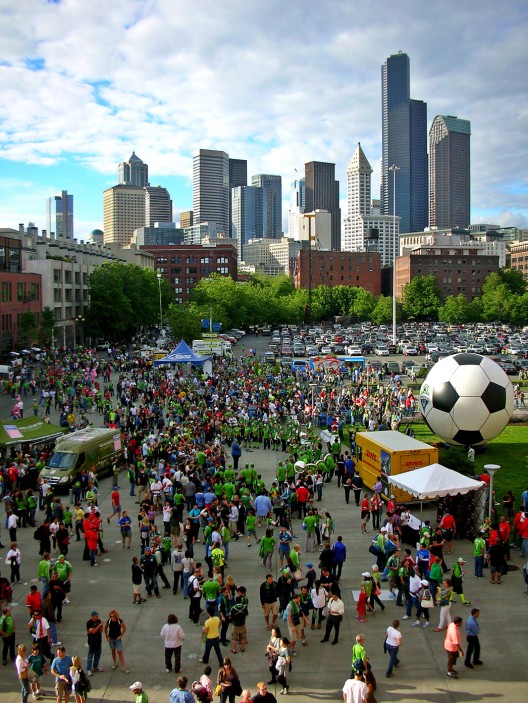 Sounders game, downtown in background